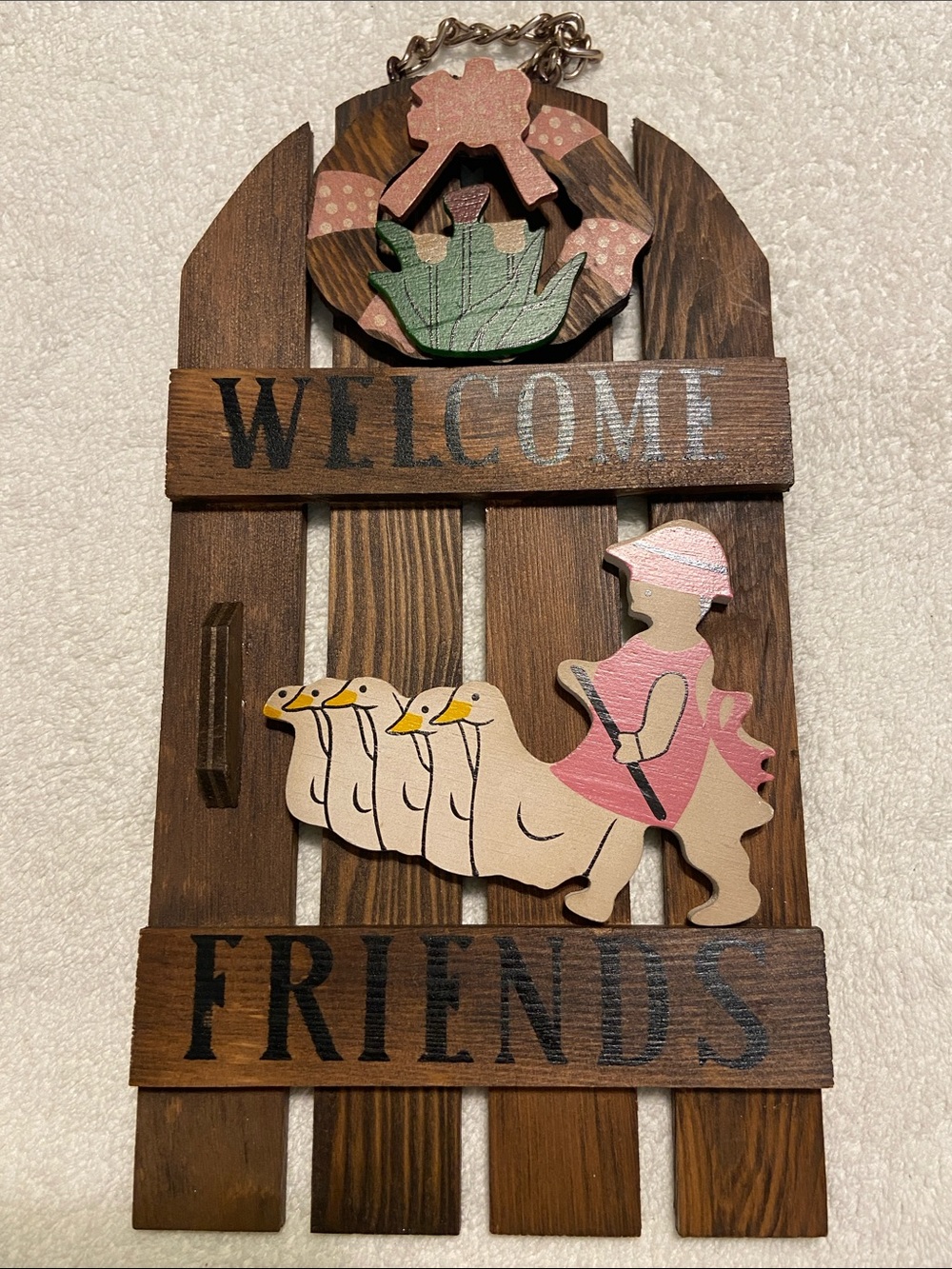 Vintage “Welcome Friends” Pink & Brown Wooden Goose girl Wall Decor